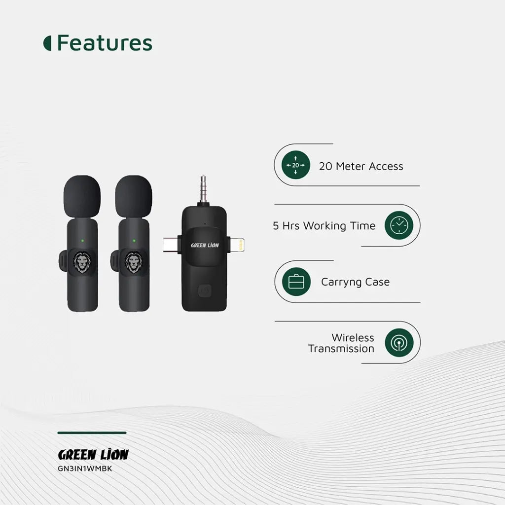 Green Lion 3 IN 1 Microphone Type-C / Lightning / Aux Green Lion 3 IN 1 Microphone Type-C / Lightning / Aux